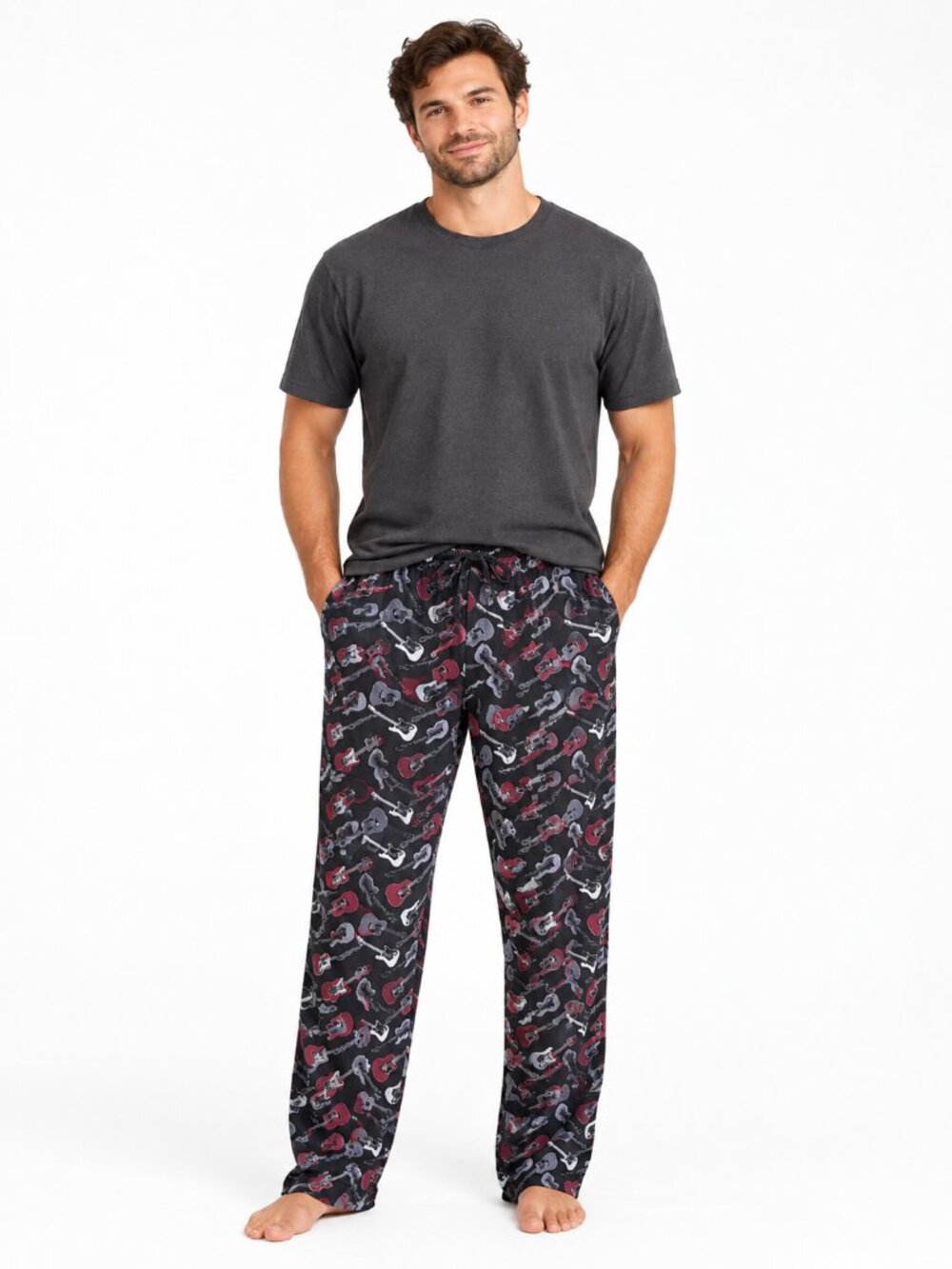 Mens L Sleep Lounge Pant All Over Guitar Print Cotton Drawstring Rock n Roll
